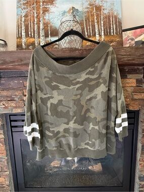 Hem & Thread Off-the-Shoulder Olive Camo Sweater with White Sleeve Stripes